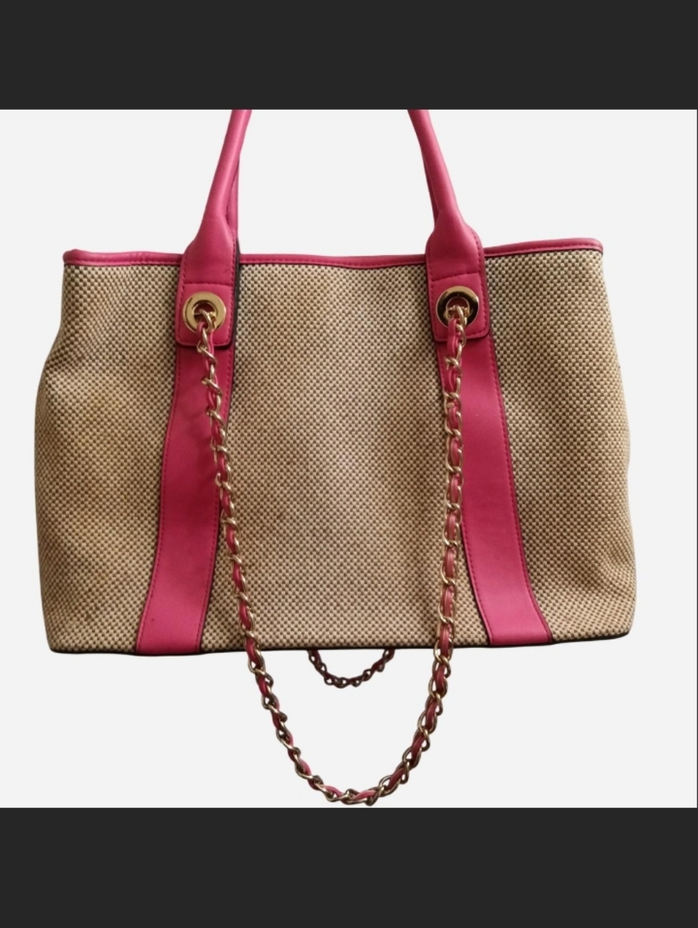 Tan Canvas Tote Bag with Pink Trim and Chain Straps